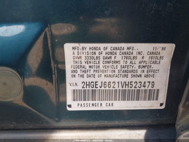 Aukcja sprzedaży 1997 Honda Civic Dx, vin: 2HGEJ6621VH523479, numer aukcji: 46267472