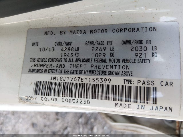 46267473 :رقم المزاد ، JM1GJ1V67E1155399 vin ، 2014 Mazda Mazda6 I Touring مزاد بيع