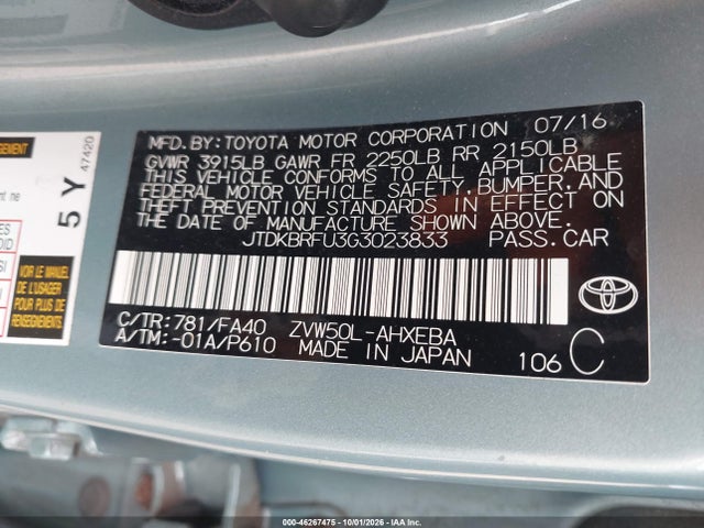 Aukcja sprzedaży 2016 Toyota Prius Two, vin: JTDKBRFU3G3023833, numer aukcji: 46267475