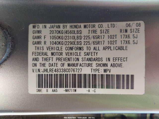Aukcja sprzedaży 2008 Honda Cr-v Lx, vin: JHLRE48338C076727, numer aukcji: 46267504