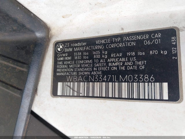 Продаж на аукціоні авто 2001 Bmw Z3 2.5i, vin: WBACN33471LM03386, номер лоту: 46267524
