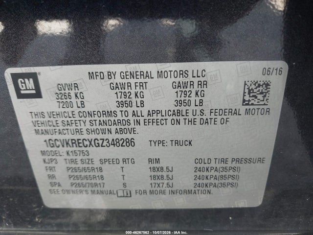 Aukcja sprzedaży 2016 Chevrolet Silverado 1500 2lt, vin: 1GCVKRECXGZ348286, numer aukcji: 46267562