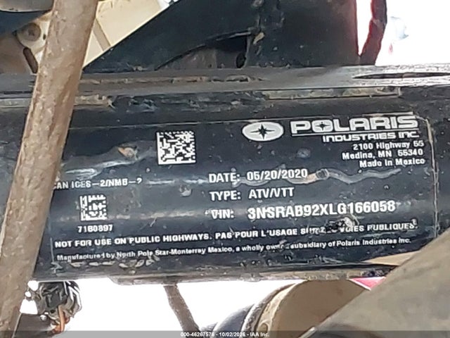 46267576 :رقم المزاد ، 3NSRAB92XLG166058 vin ، 2020 Polaris Rzr Pro Xp Premium مزاد بيع