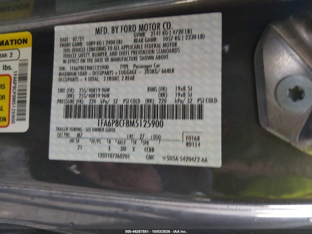 Продажа на аукционе авто 2021 Ford Mustang Gt Fastback, vin: 1FA6P8CF8M5125900, номер лота: 46267581