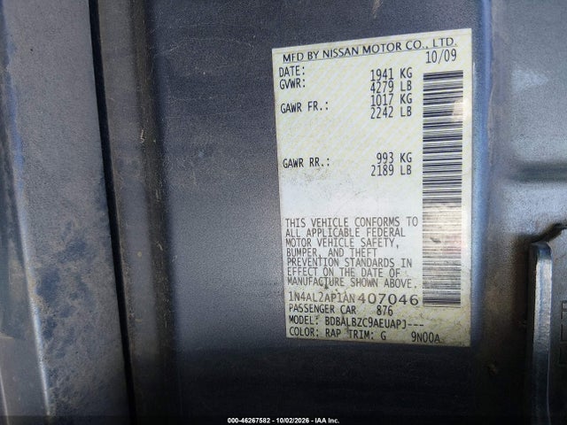 46267582 :رقم المزاد ، 1N4AL2AP1AN407046 vin ، 2010 Nissan Altima 2.5 S مزاد بيع