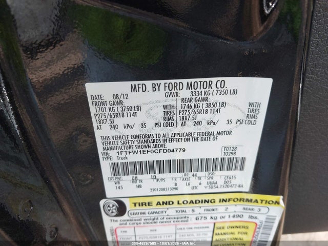 Aukcja sprzedaży 2012 Ford F-150 Lariat, vin: 1FTFW1EF0CFD04779, numer aukcji: 46267589