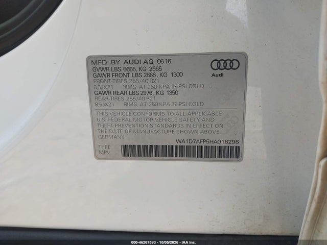 Auction sale of the 2017 Audi Q5 3.0t Premium Plus, vin: WA1D7AFP5HA016296, lot number: 46267593