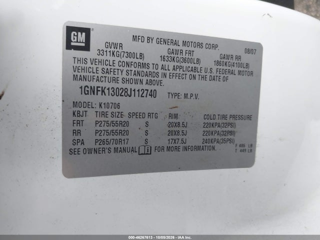 46267613 :رقم المزاد ، 1GNFK13028J112740 vin ، 2008 Chevrolet Tahoe Lt مزاد بيع