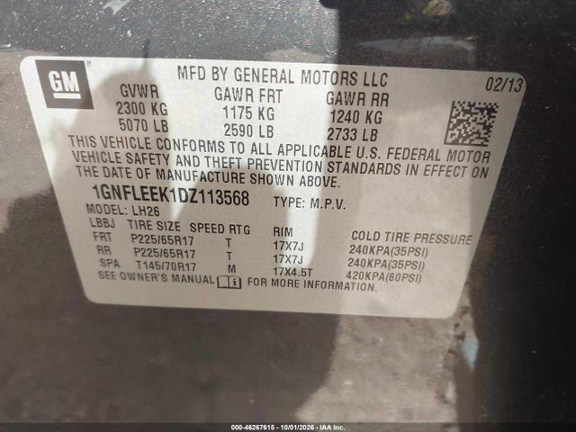 46267615 :رقم المزاد ، 1GNFLEEK1DZ113568 vin ، 2013 Chevrolet Equinox 1lt مزاد بيع