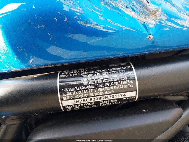 46267654 :رقم المزاد ، JH2SC8309RK301174 vin ، 2024 Honda Cmx1100 A مزاد بيع