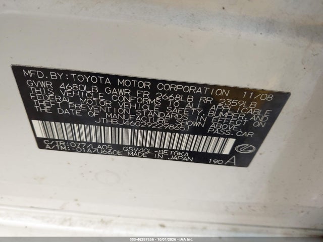 Продаж на аукціоні авто 2009 Lexus Es 350, vin: JTHBJ46G292298651, номер лоту: 46267656