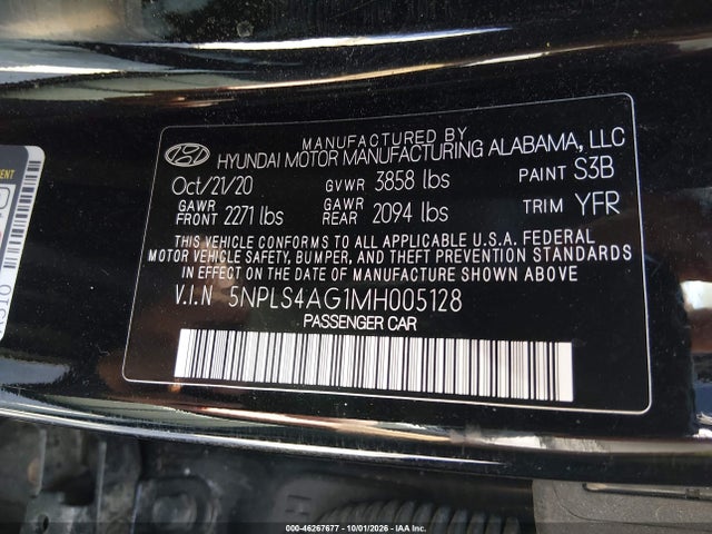 Aukcja sprzedaży 2021 Hyundai Elantra Sel, vin: 5NPLS4AG1MH005128, numer aukcji: 46267677