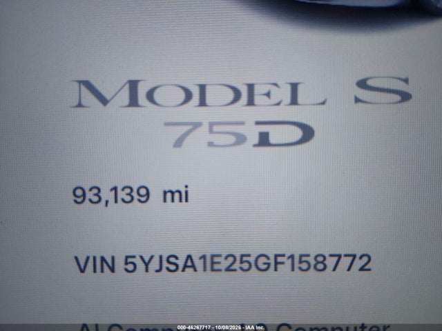 Продаж на аукціоні авто 2016 Tesla Model S 60d/70d/75d/85d/90d, vin: 5YJSA1E25GF158772, номер лоту: 46267717