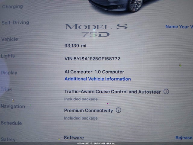 Продаж на аукціоні авто 2016 Tesla Model S 60d/70d/75d/85d/90d, vin: 5YJSA1E25GF158772, номер лоту: 46267717