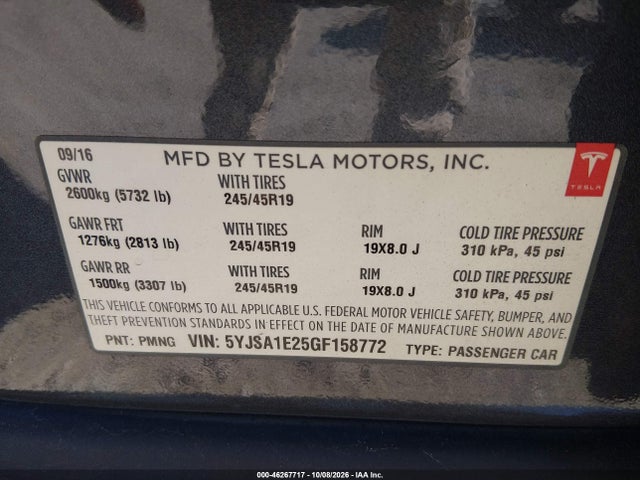 Продаж на аукціоні авто 2016 Tesla Model S 60d/70d/75d/85d/90d, vin: 5YJSA1E25GF158772, номер лоту: 46267717