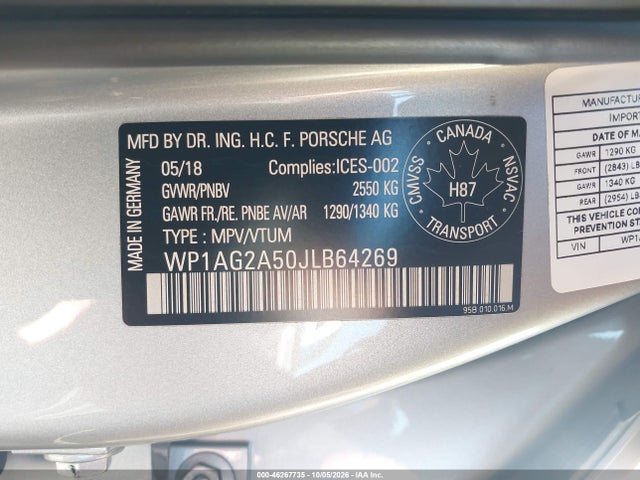 46267735 :رقم المزاد ، WP1AG2A50JLB64269 vin ، 2018 Porsche Macan Gts مزاد بيع