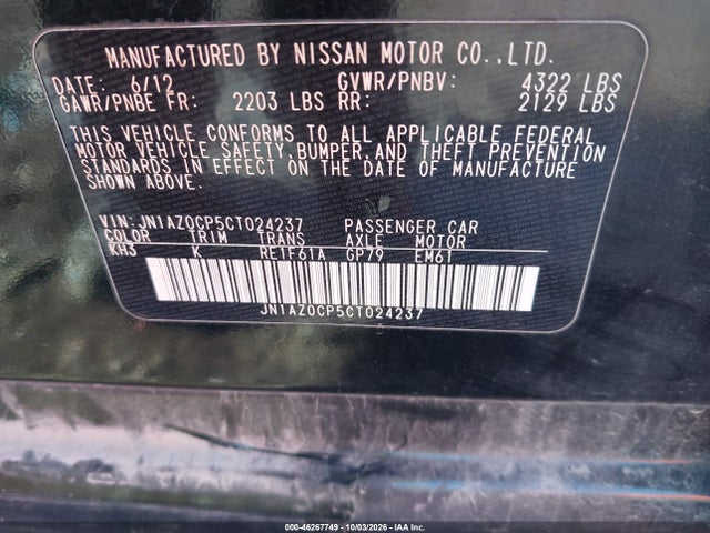 2012 Nissan Leaf Sl მანქანა იყიდება აუქციონზე, vin: JN1AZ0CP5CT024237, აუქციონის ნომერი: 46267749