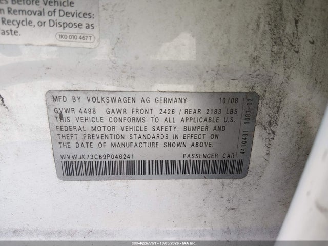 Продаж на аукціоні авто 2009 Volkswagen Passat Komfort, vin: WVWJK73C69P046241, номер лоту: 46267751