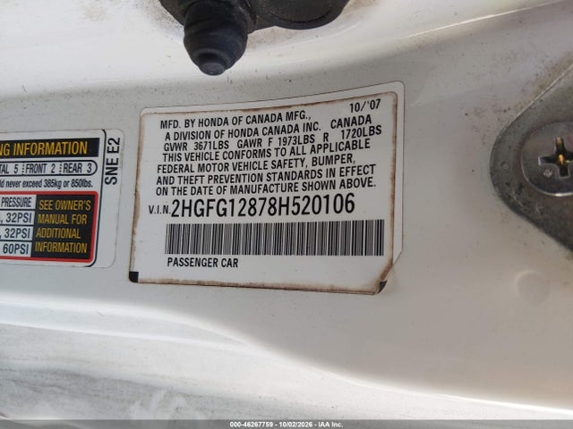 Продаж на аукціоні авто 2008 Honda Civic Ex, vin: 2HGFG12878H520106, номер лоту: 46267759