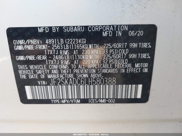 2020 Subaru Forester მანქანა იყიდება აუქციონზე, vin: JF2SKADC6LH580388, აუქციონის ნომერი: 46267761