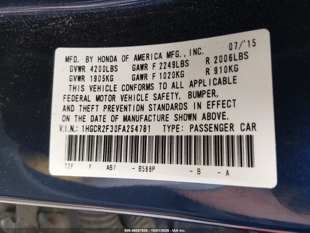 46267800 :رقم المزاد ، 1HGCR2F30FA254781 vin ، 2015 Honda Accord Lx مزاد بيع