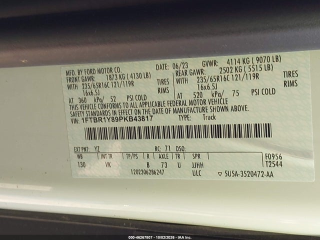 46267807 :رقم المزاد ، 1FTBR1Y89PKB43817 vin ، 2023 Ford Transit-250 مزاد بيع