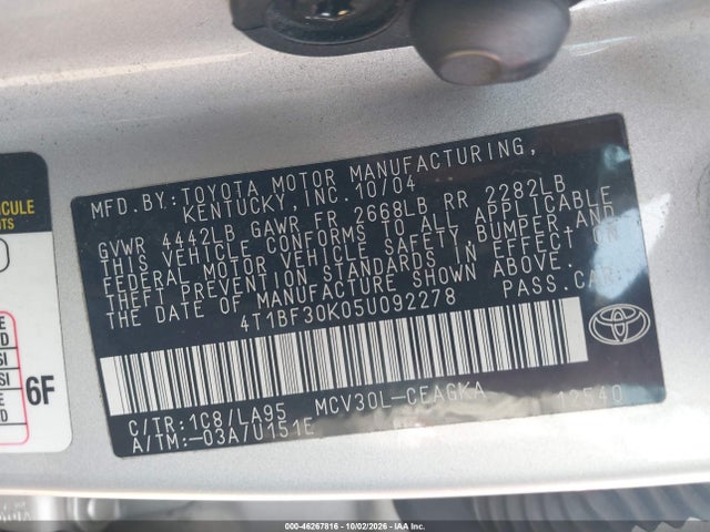 Aukcja sprzedaży 2005 Toyota Camry Xle V6, vin: 4T1BF30K05U092278, numer aukcji: 46267816