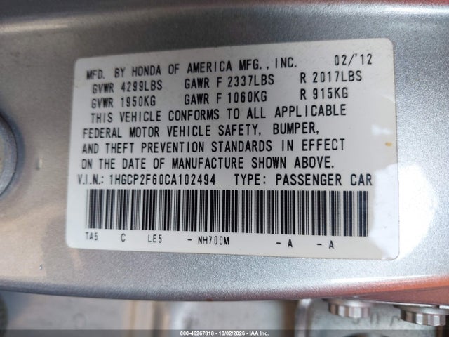 2012 Honda Accord 2.4 Se მანქანა იყიდება აუქციონზე, vin: 1HGCP2F60CA102494, აუქციონის ნომერი: 46267818