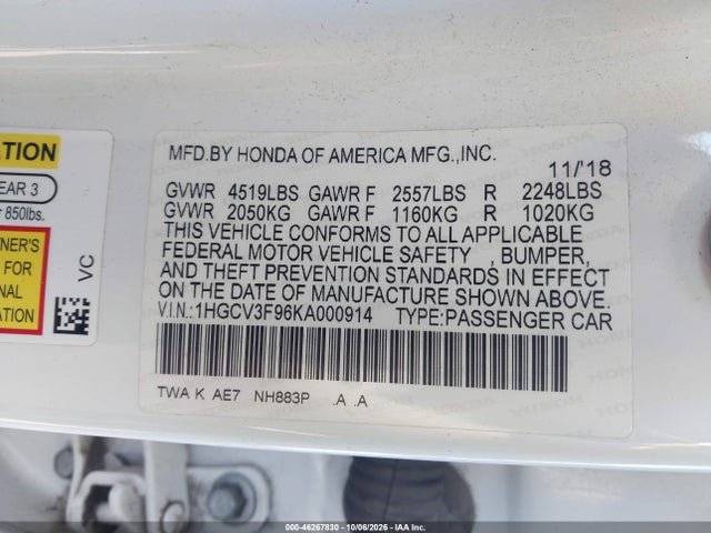 Продажа на аукционе авто 2019 Honda Accord Hybrid Touring, vin: 1HGCV3F96KA000914, номер лота: 46267830