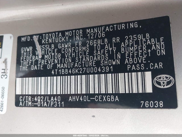 46267844 :رقم المزاد ، 4T1BB46K27U004391 vin ، 2007 Toyota Camry Hybrid مزاد بيع