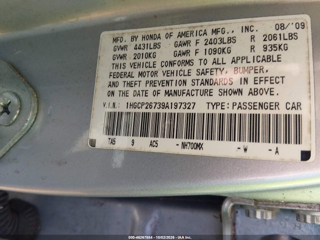 46267884 :رقم المزاد ، 1HGCP26739A197327 vin ، 2009 Honda Accord 2.4 Ex مزاد بيع