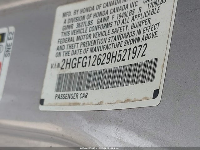 Aukcja sprzedaży 2009 Honda Civic Lx, vin: 2HGFG12629H521972, numer aukcji: 46267895