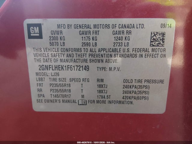 46267915 :رقم المزاد ، 2GNFLHEK1F6172149 vin ، 2015 Chevrolet Equinox Ltz مزاد بيع