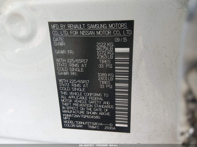 46267921 :رقم المزاد ، KNMAT2MV7GP604580 vin ، 2016 Nissan Rogue S مزاد بيع
