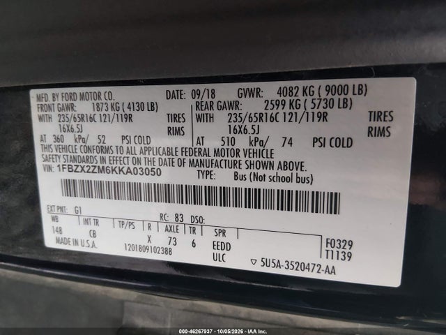Продажа на аукционе авто 2019 Ford Transit-350 Xl, vin: 1FBZX2ZM6KKA03050, номер лота: 46267937