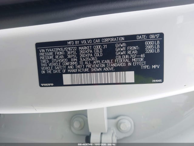 Auction sale of the 2018 Volvo Xc90 T6 Momentum, vin: YV4A22PK6J1216722, lot number: 46267950