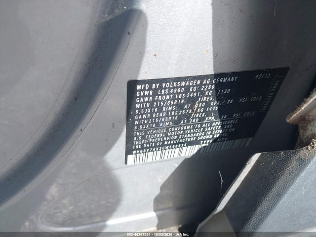 Продаж на аукціоні авто 2012 Volkswagen Tiguan S, vin: WVGBV7AX2CW568634, номер лоту: 46267951