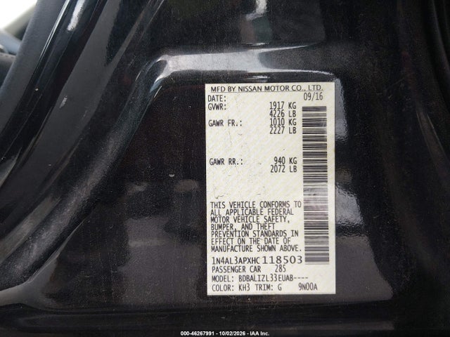 Продаж на аукціоні авто 2017 Nissan Altima 2.5/2.5 S/2.5 Sl/2.5 Sr/2.5 Sv, vin: 1N4AL3APXHC118503, номер лоту: 46267991