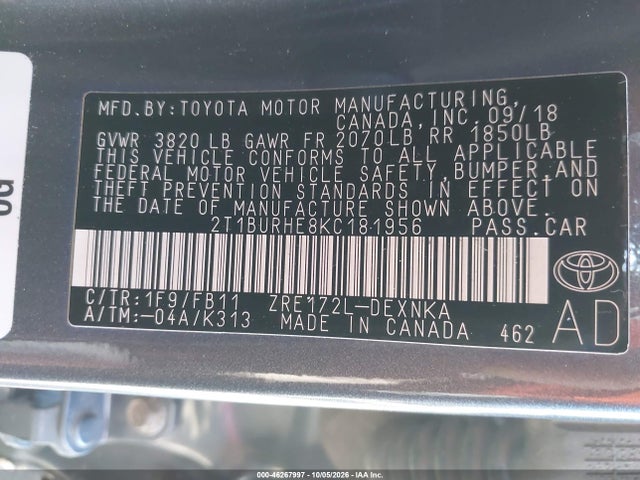 Aukcja sprzedaży 2019 Toyota Corolla Le, vin: 2T1BURHE8KC181956, numer aukcji: 46267997
