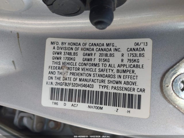 46268019 :رقم المزاد ، 2HGFB2F52DH546403 vin ، 2013 Honda Civic Lx مزاد بيع