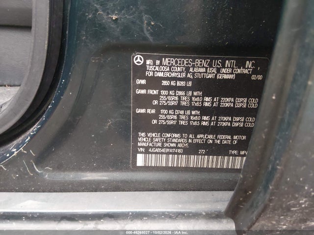 Продажа на аукционе авто 2000 Mercedes-benz Ml 320, vin: 4JGAB54E9YA174183, номер лота: 46268027