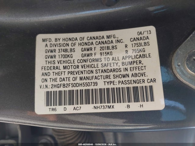 2013 Honda Civic Lx მანქანა იყიდება აუქციონზე, vin: 2HGFB2F50DH550739, აუქციონის ნომერი: 46268046