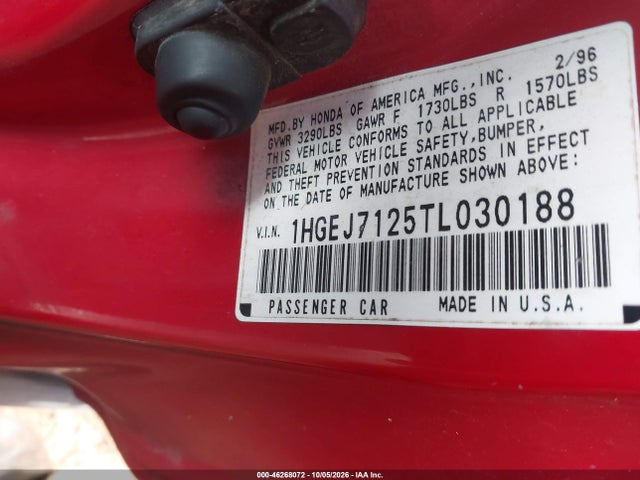 46268072 :رقم المزاد ، 1HGEJ7125TL030188 vin ، 1996 Honda Civic Hx مزاد بيع