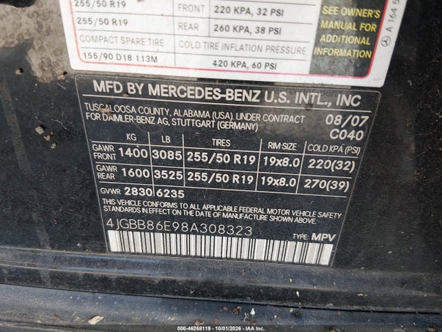 Aukcja sprzedaży 2008 Mercedes-benz Ml 350 4matic, vin: 4JGBB86E98A308323, numer aukcji: 46268119