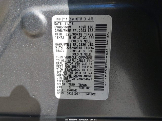 Продаж на аукціоні авто 2019 Nissan Rogue Sv, vin: JN8AT2MT3KW254527, номер лоту: 46268146