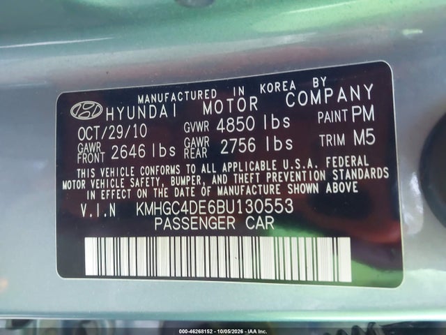Aukcja sprzedaży 2011 Hyundai Genesis 3.8, vin: KMHGC4DE6BU130553, numer aukcji: 46268152