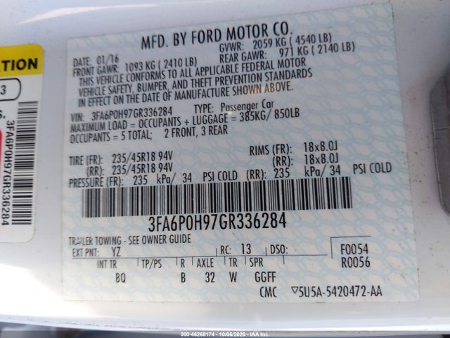 Продажа на аукционе авто 2016 Ford Fusion Se, vin: 3FA6P0H97GR336284, номер лота: 46268174
