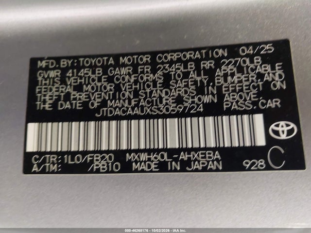 46268176 :رقم المزاد ، JTDACAAUXS3059724 vin ، 2025 Toyota Prius Le مزاد بيع