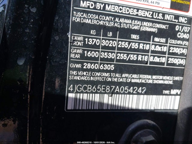 2007 Mercedes-benz R 350 4matic მანქანა იყიდება აუქციონზე, vin: 4JGCB65E87A054242, აუქციონის ნომერი: 46268210