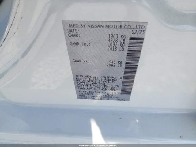 Продаж на аукціоні авто 2025 Nissan Altima Sv Fwd, vin: 1N4BL4DV9SN372087, номер лоту: 46268216